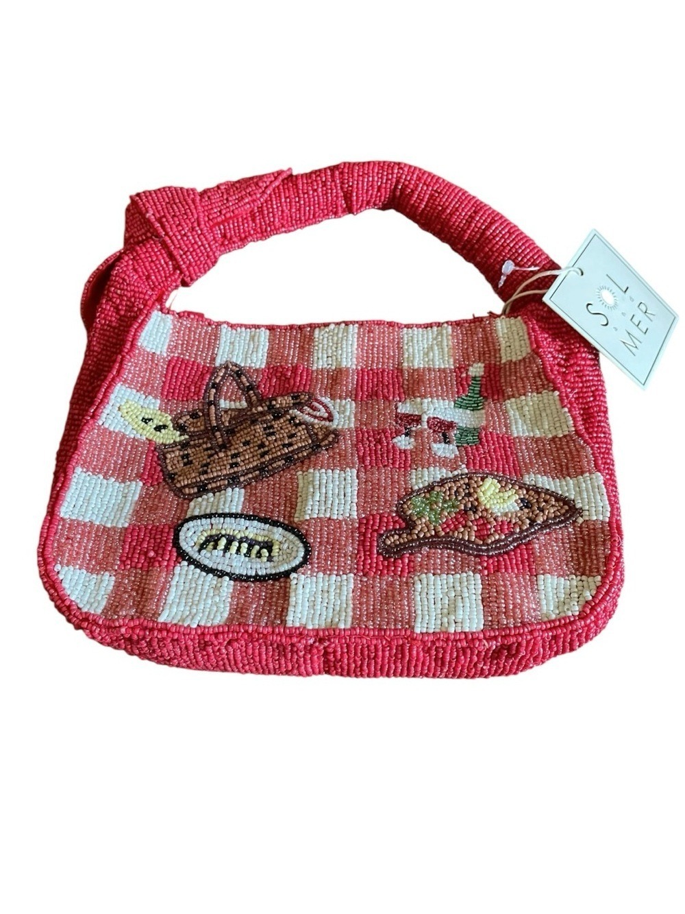 Sol and Mer Beaded Bag Picnic Motif Fish Basket Wine Red Checkered NWT Colorful